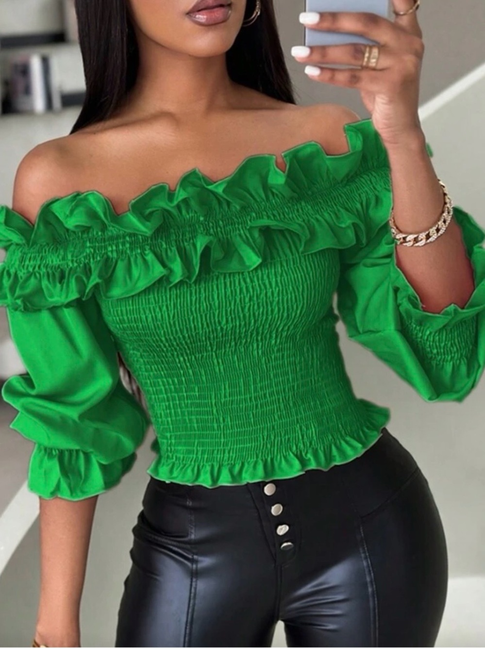 Off-the-Shoulder Ruffle Smocked Top - Green